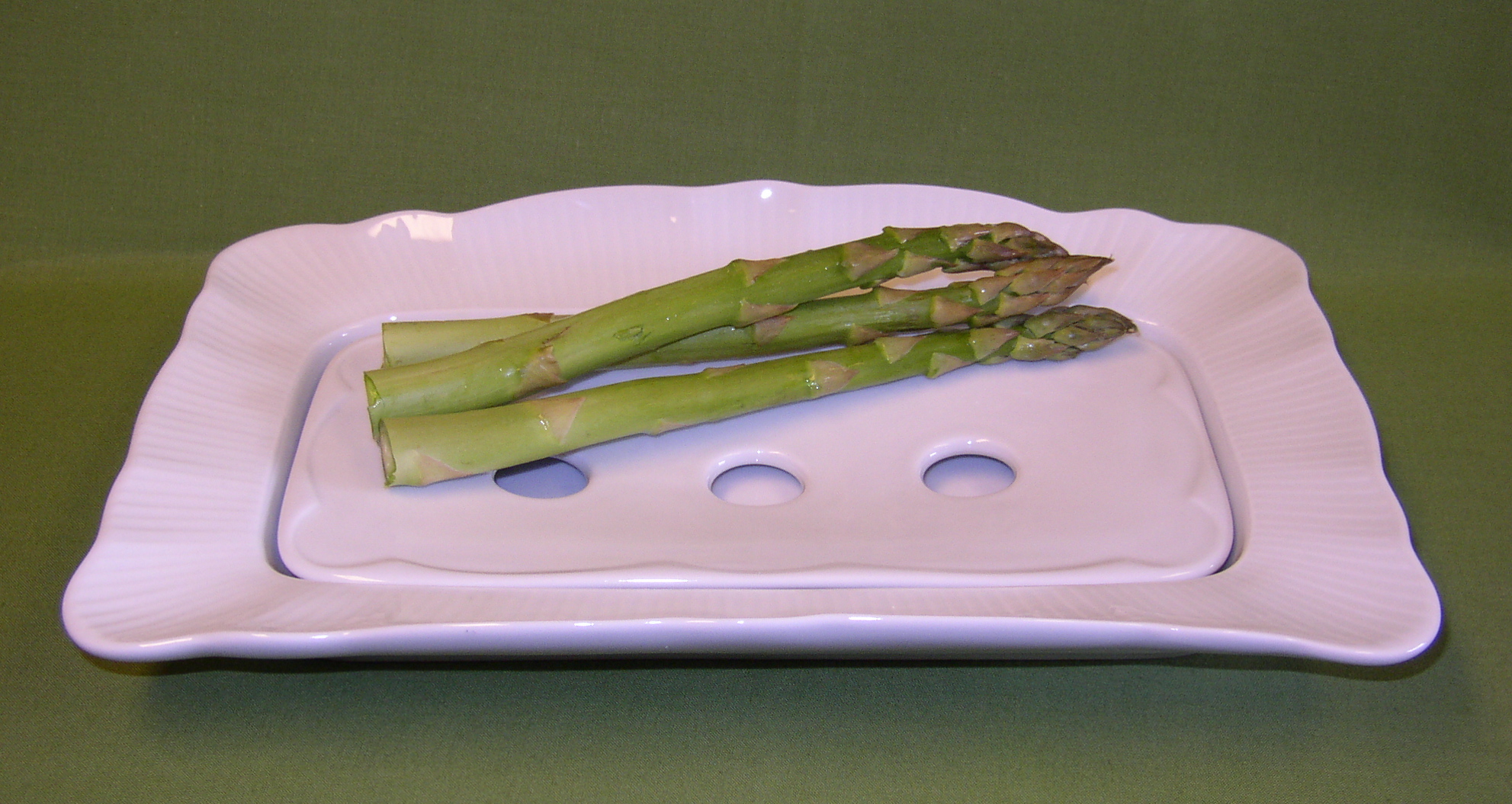 French porcelain asparagus serving plate- liquid drains to dish below for maintaining crispness