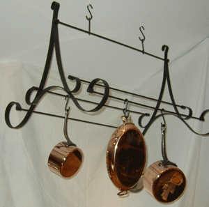 Functional and decorative pot racks to display and store cookware.